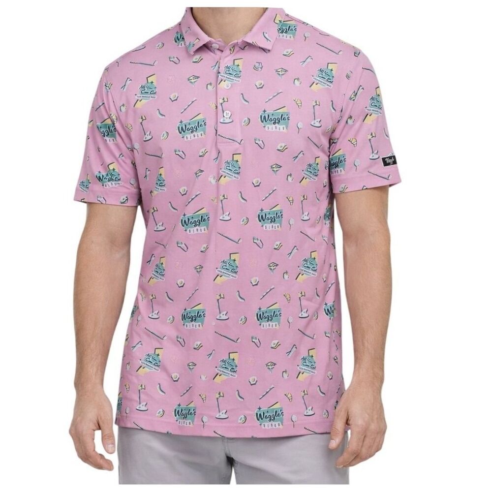 Waggle Mens M Pink Novelty Print Diner Polo Shirt